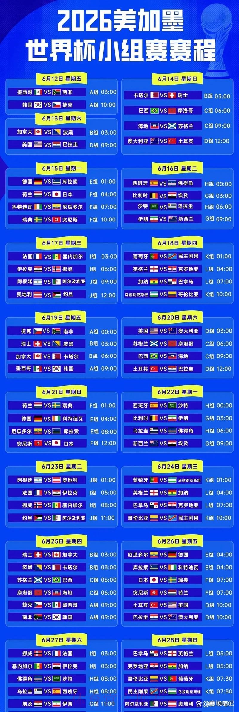 2026世界杯比赛日程安排 2026世界杯比赛日程安排